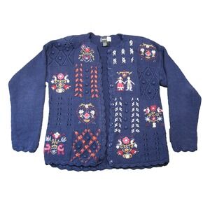 Beldoch Popper Embroidered Cardigan Womens M Navy Button Up‎ Cottagecore Grandma